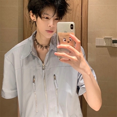 垫肩拉链短袖衬衫男夏季潮牌痞帅高级感衬衣CC1网络图，男装衬衫，星座1116A（原606A-3）
