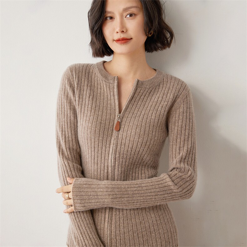长袖针织开衫女修身百搭纯色35%羊绒衫休闲外套上衣,女装羊绒衫,雪山红莲