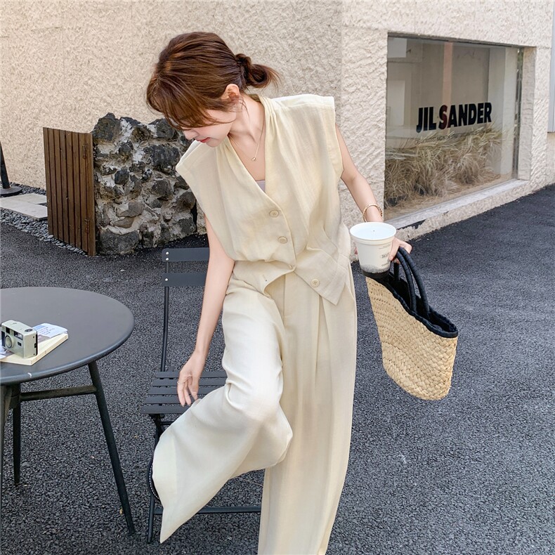 高级感时尚气质马甲套装女2025夏季新款通勤休闲高腰阔腿裤两件套,女装套装/套裙,2C203