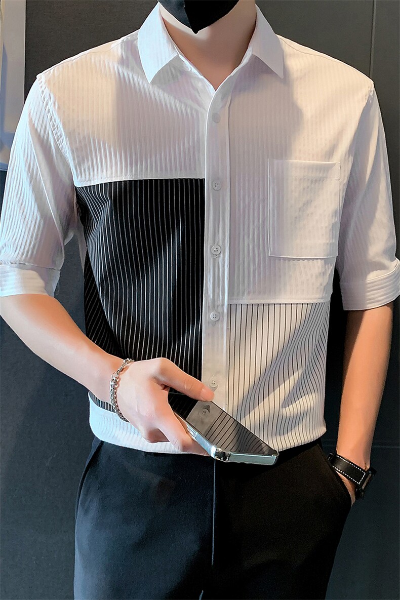 2025新款夏季短袖衬衫男潮牌发型师男装条纹衬衣A313-1-W520-P58,男装T恤,电商A313-1