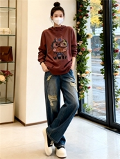 慵懒风时尚休闲运动套装女春新款连帽刺绣卡通上衣牛仔长裤两件套，女装套装/套裙，江南