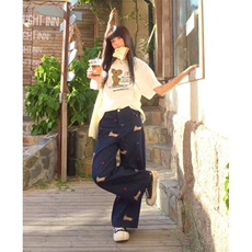 美式小狗贴布绣复古深蓝色牛仔裤女秋阔腿直筒丹宁长裤NS08，男装牛仔裤，星座1116A（原606A-3）