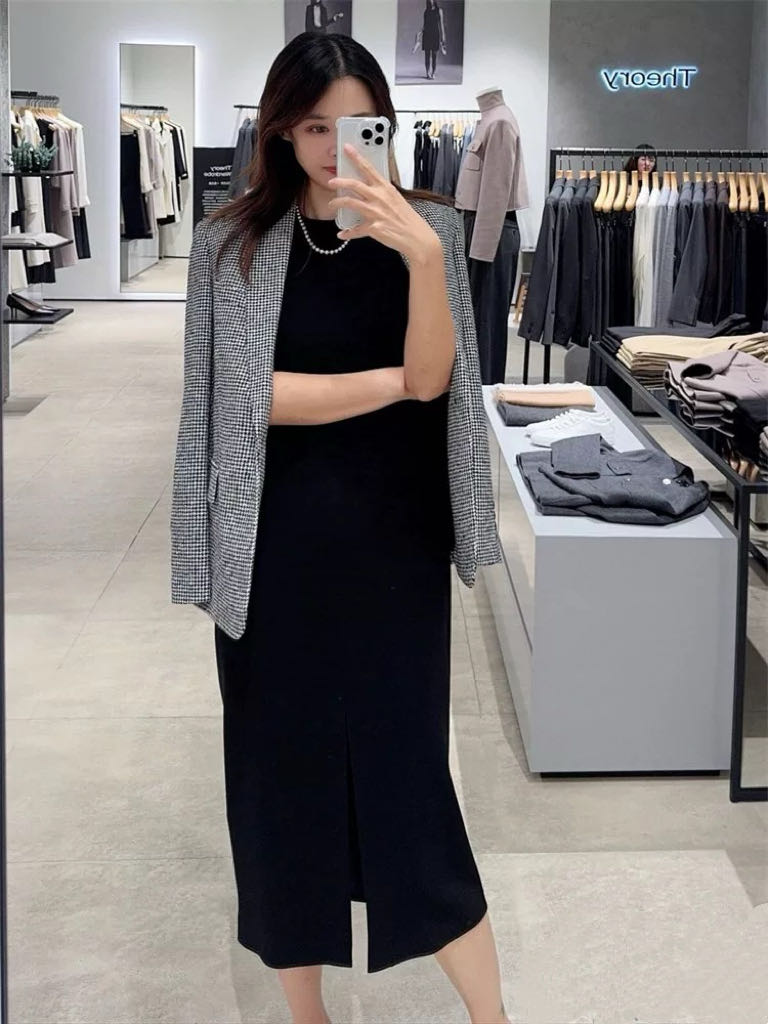 2025早春新品女装混纺开衩连衣裙图片