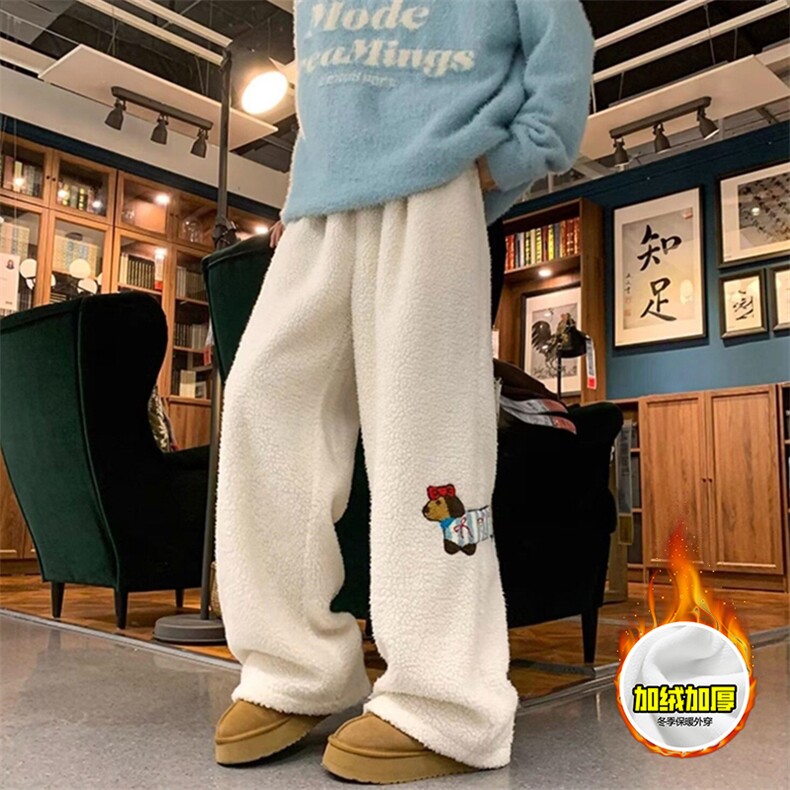 冬季美式刺绣羊羔毛棉裤男女情侣加绒加厚保暖宽松休闲阔腿长裤子，男装棉衣，电商A486-1