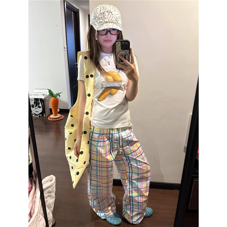 【现货】复古彩色格纹休闲裤夏抽绳直筒阔腿裤宽松垂坠感拖地长裤图片