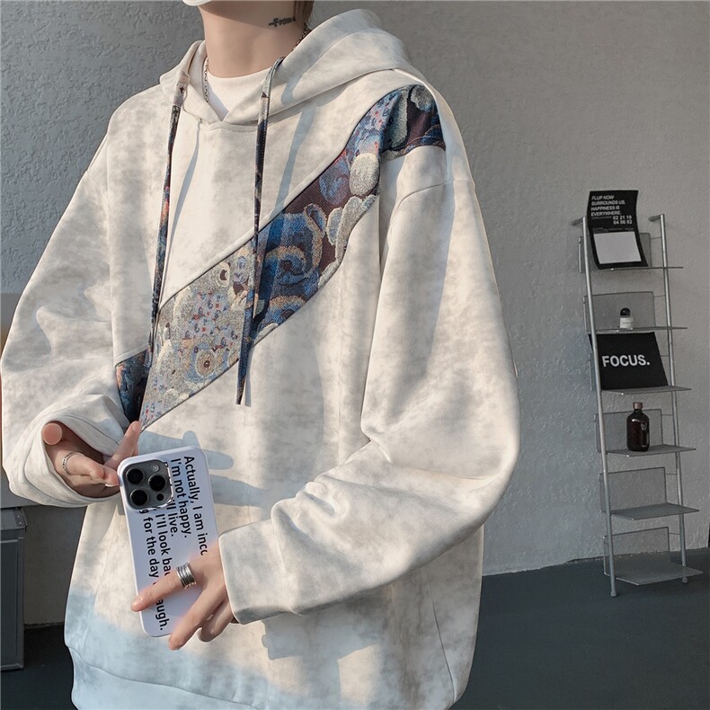 WY10200-特批40 春季新款连帽设计感拼接撞色宽松大码扎染卫衣男图片