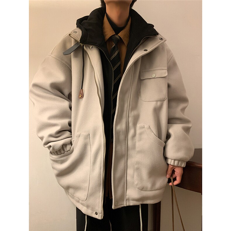 EQ158冬季新款港风日系加厚毛呢大衣假两件连帽棉服棉衣外套P145,男装棉衣,电商C306-1