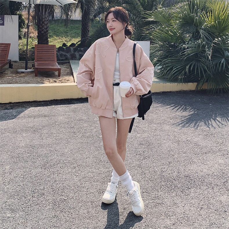 粉色立体绣花棒球服外套女秋季2025新款超火减龄休闲穿搭夹克百搭,女装短外套,2C216