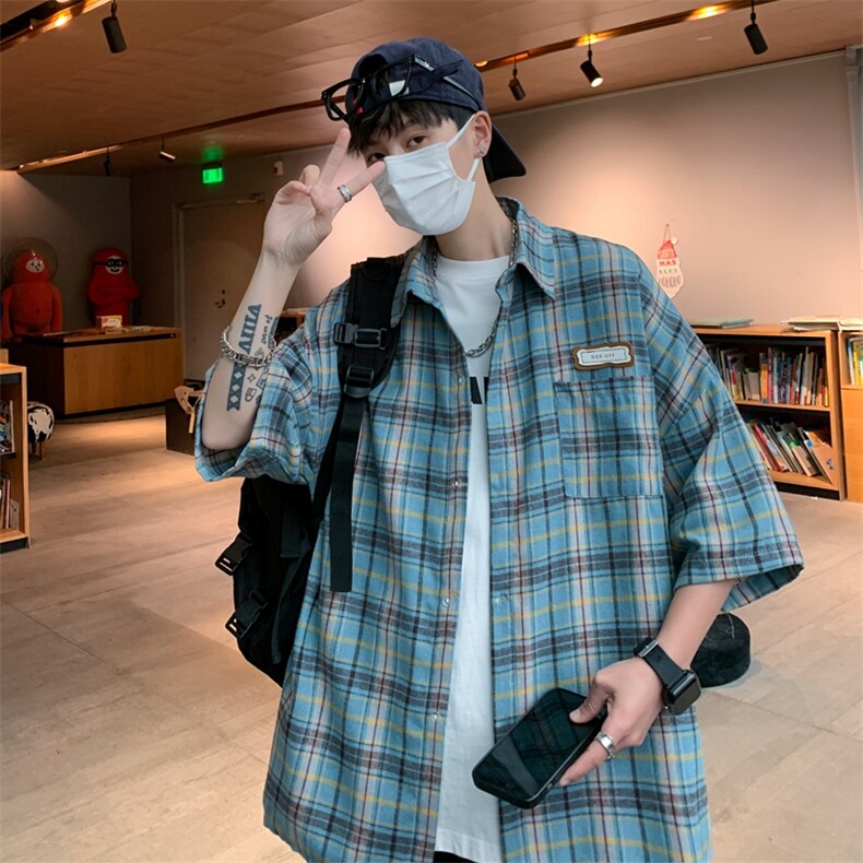 格子新款夏季短袖衬衫男港风潮流百搭宽松休闲半袖外套CS0355-P35,男装衬衫,星座308B-1