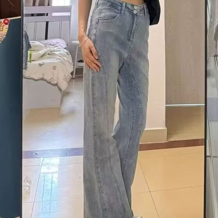 双扣拼接小众设计感修身牛仔裤女怀旧复古马蹄高腰微喇叭长裤子潮,男装牛仔裤,星座1210-1