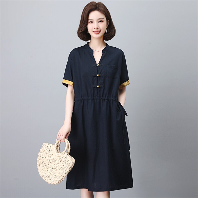 高级感休闲妈妈棉麻连衣裙女2024夏季新款收腰显瘦拼接衬衫领裙子,女装连衣裙,江忆布依