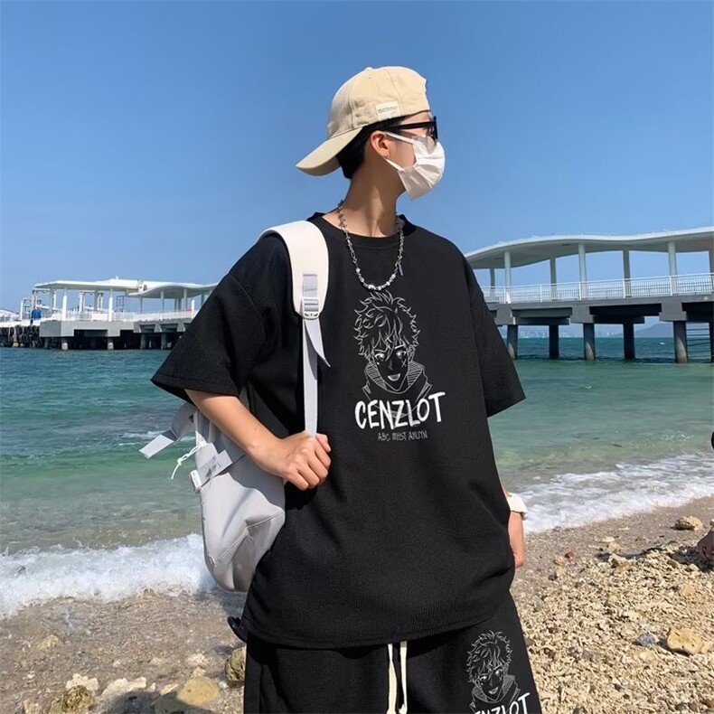 T恤日系文艺时尚ins夏季五分袖五分裤冰丝华夫格印花套装T319P30,男装休闲套装,星座1116-2