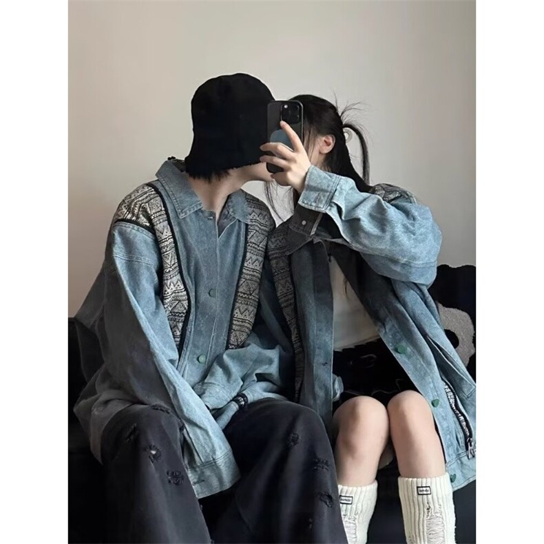 春季民族风拼接牛仔外套男女设计感小众独特别致情侣上衣,男装工装外套,星座1210-1