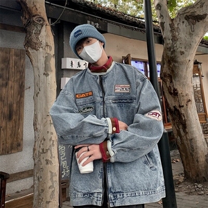 美式机车牛仔外套男士2025新款青少年撞色立领宽松拉链夹克图片