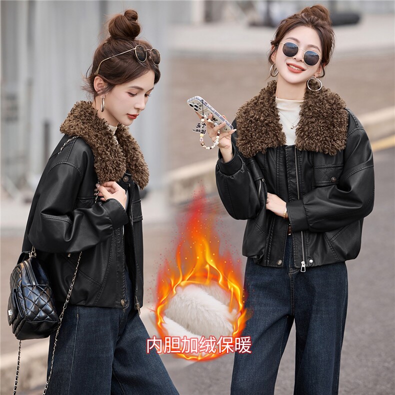 羊羔毛领加绒皮衣短外套女2025秋冬新款保暖时尚酷飒PU皮夹克上衣,女装皮衣,梦依缘