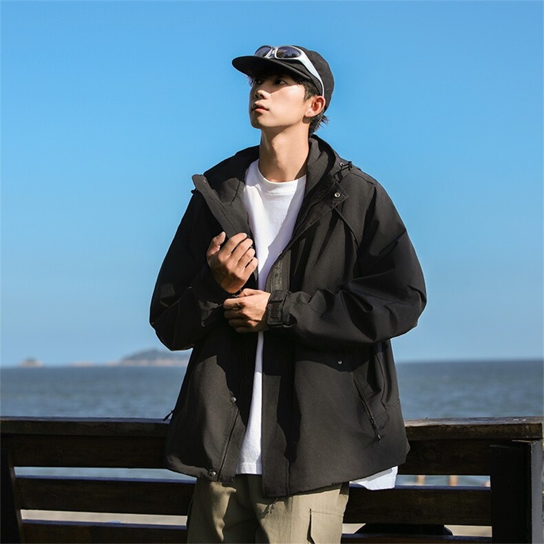 日系户外冲锋衣外套男春秋季山系登山防水连帽工装多口袋机能夹克,男装夹克,星座1210-1