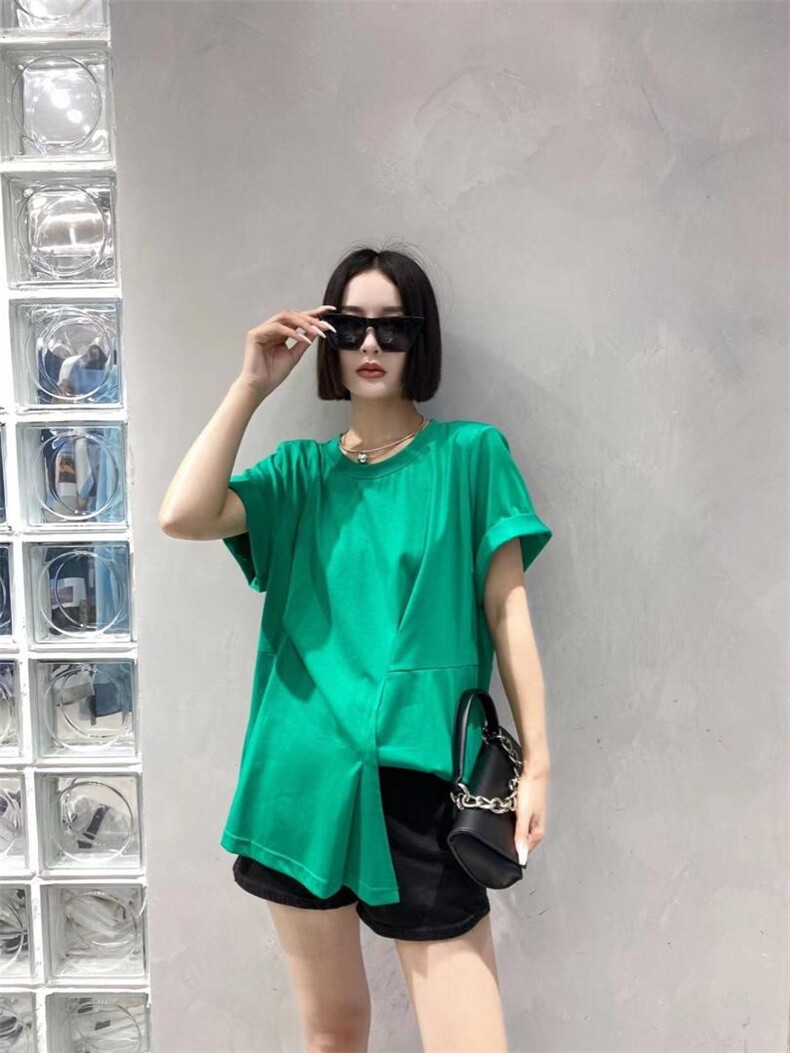 夏季新款圆领压褶纯T恤，女装T恤，圣芭拉