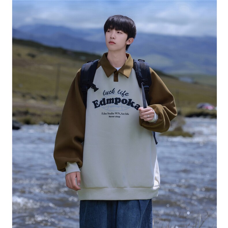 主推秋装学院风撞色拼接字母印花POLO衫翻领卫衣外套D328P58,男装Polo衫,电商A335-1（原A458）