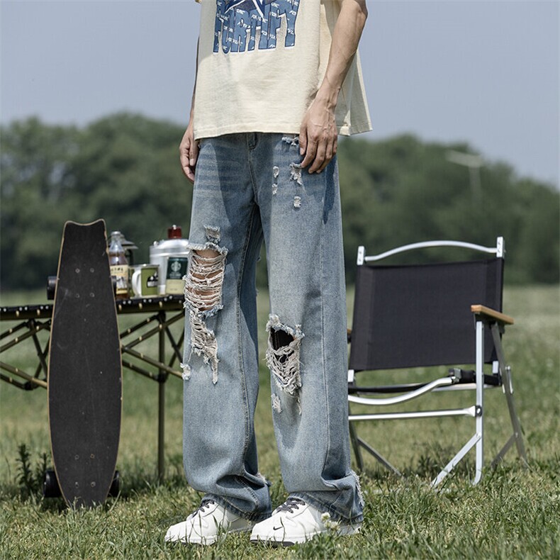 美式街头Vibe破洞毛边直筒显瘦牛仔裤男痞帅设计感做旧裤子微喇裤,男装牛仔裤,星座410-7