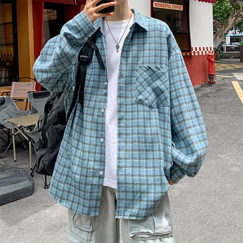 衬衫男秋季新款港风宽松磨毛格子长袖衬衣CS510-P38(现货）,男装衬衫,星座214-3