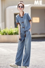 新中式牛仔时尚套装女2025夏季爆款小个子复古显瘦休闲国风两件套，女装套装/套裙，欣品汇