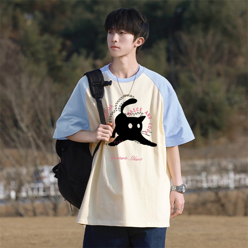 抖音得物供货240克宽松纯棉美式潮牌印花插肩袖拼接短袖T恤AT1520,男装T恤,电商A443