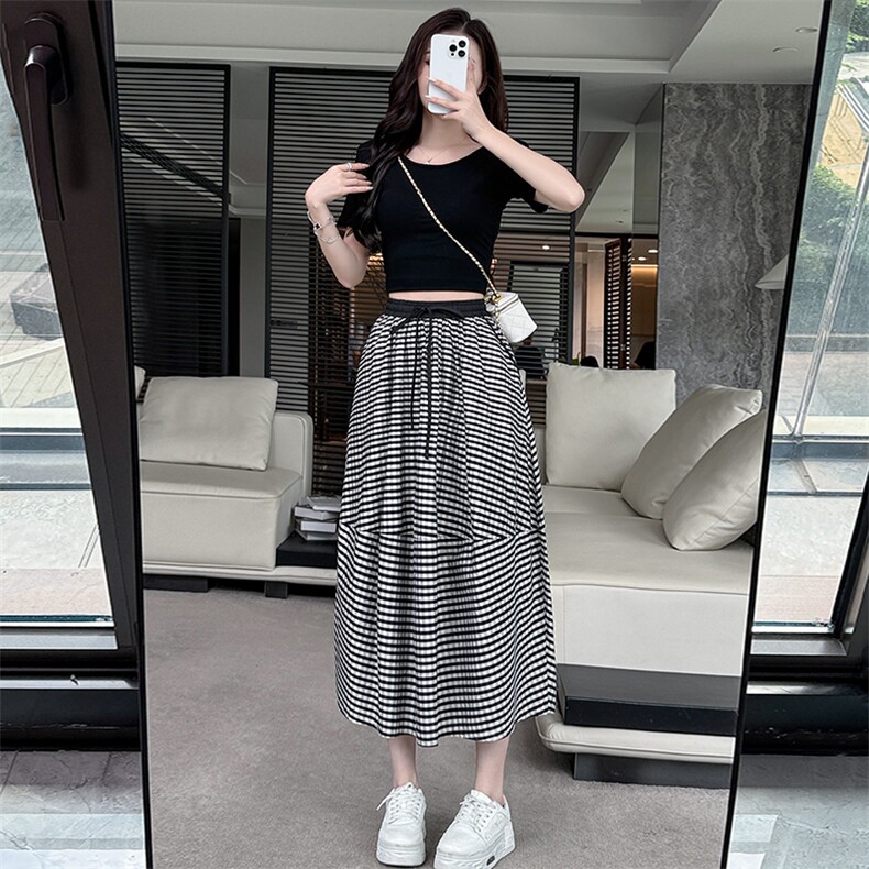 水衣源2719款半身裙女夏季新款A字版显瘦伞裙格纹气质半裙,女装半身裙,水衣源