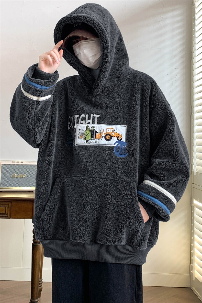 秋冬港风羊羔绒上衣潮加绒连帽休闲卫衣外套男女985-P90控价128,男装卫衣,电商A441-1