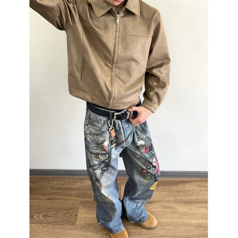 CP1236-P563D立体数码印花裤链水洗泼墨做旧复古阔腿直筒牛仔,男装休闲裤,电商B323A