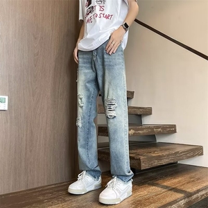 美式高街夏季破洞补丁假破洞牛仔裤男宽松直筒显瘦百搭长裤ins潮图片