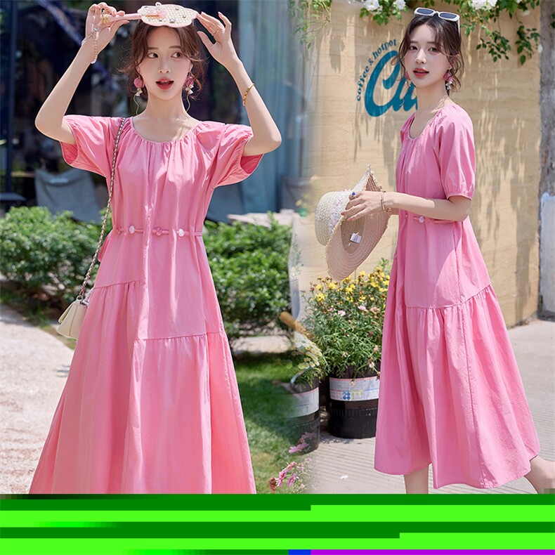 法式洋气减龄纯棉连衣裙女2025夏新款气质遮肉显瘦褶皱拼接A字裙图片