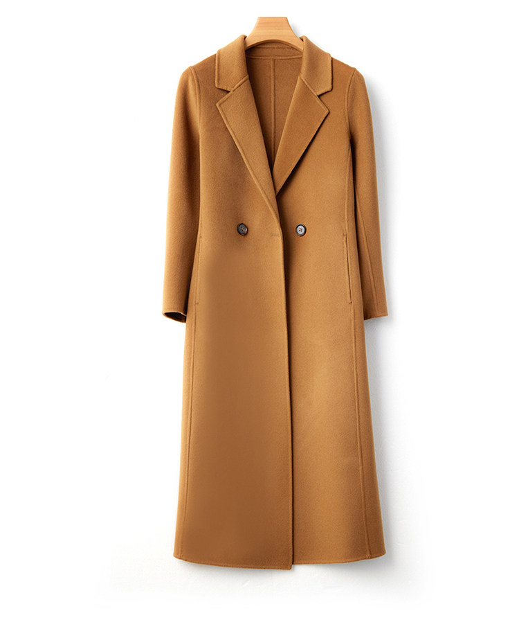 秋冬季10%羊绒90%羊毛休闲简约时尚百搭经典V领斜插长款大衣，女装双面呢大衣，水之秀羊绒大衣