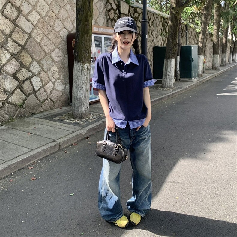 得物抖音高品质二开 夏季美式潮牌高街假两件格子衬衣翻领短袖T恤图片