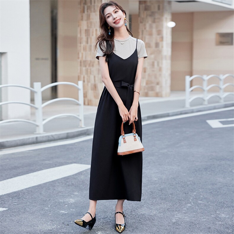 时尚直筒连衣裙套装女夏季小个子2024年新款t恤两件套高级感显瘦,女装连衣裙,浙宝029