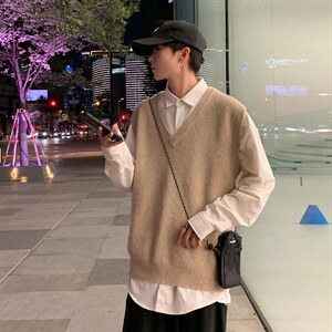 M3109-P68秋冬港风针织衫毛衣男女情侣宽松外穿无袖马甲背心控78，男装背心/马甲，电商A009A（原A058A）