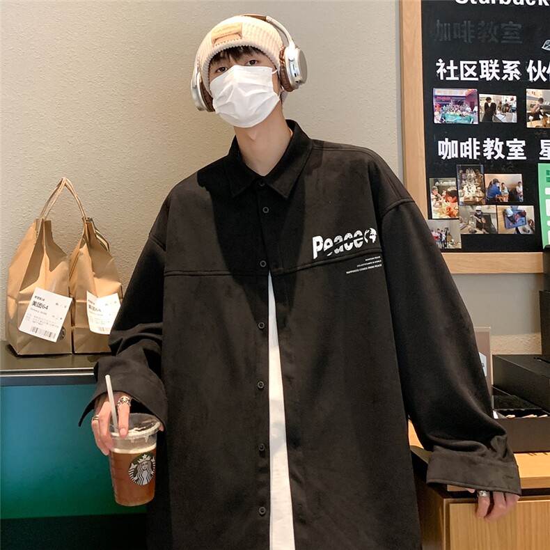 港风新款秋季时尚百搭宽松翻领字母印花衬衫外套S6701P55控78,男装衬衫,电商A268A