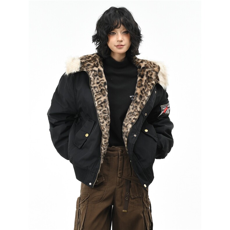 豹纹座山雕毛领连帽棉服女冬季宽松夹棉飞行棉衣外套男M0536-P105,男装棉衣,星座308B-2