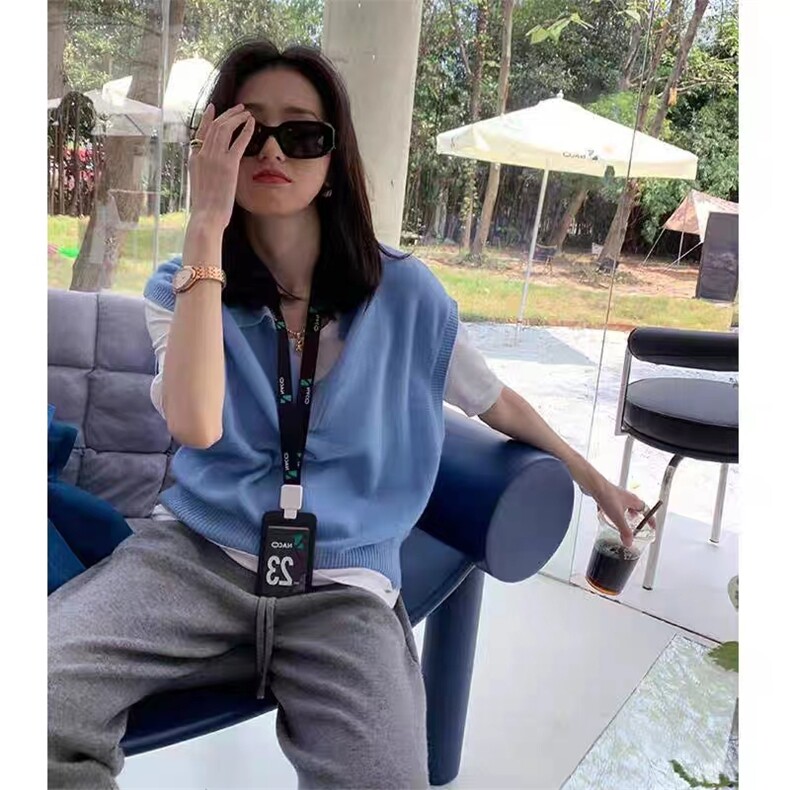 百搭条纹POLO领马甲女款针织背心外套春秋新款显瘦宽松上衣,女装马甲,悦玛羊绒
