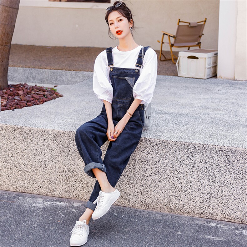 夏季新款时尚简约宽松气质女装牛仔直通背带裤百搭,女装休闲裤,微微衣阁