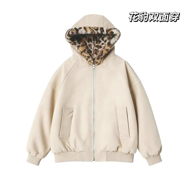 网图美式宽松豹纹双面穿连帽棉服M0088/特P95,男装棉衣,星座205-3