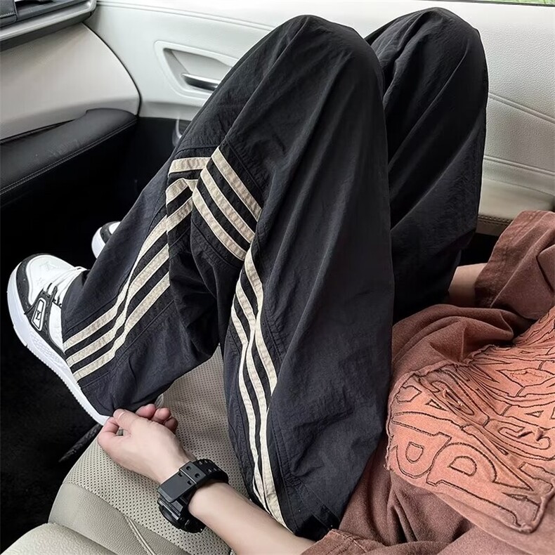 条纹裤子男款夏季美式潮牌宽松工装裤男生三条杠直筒运动休闲长裤,男装工装外套,星座1013