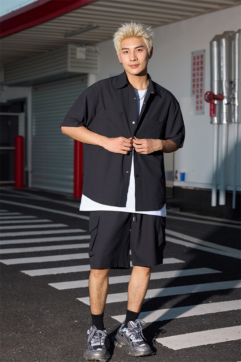 量大优供视频泡泡纱夏款短袖衬衫衬衫工装短裤男TZ17-特p55,男装休闲套装,电商B371