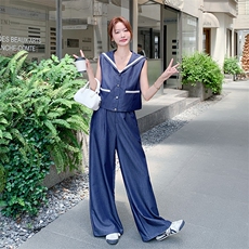 设计感海军领无袖马甲高腰阔腿裤套装女2025夏新款时尚显瘦两件套，女装套装/套裙，2D080