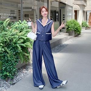 设计感海军领无袖马甲高腰阔腿裤套装女2025夏新款时尚显瘦两件套图片