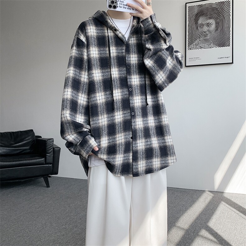 S-3XL 色织格纹连帽衬衫男宽松美复古磨毛黑白格子外套CS535P48特图片
