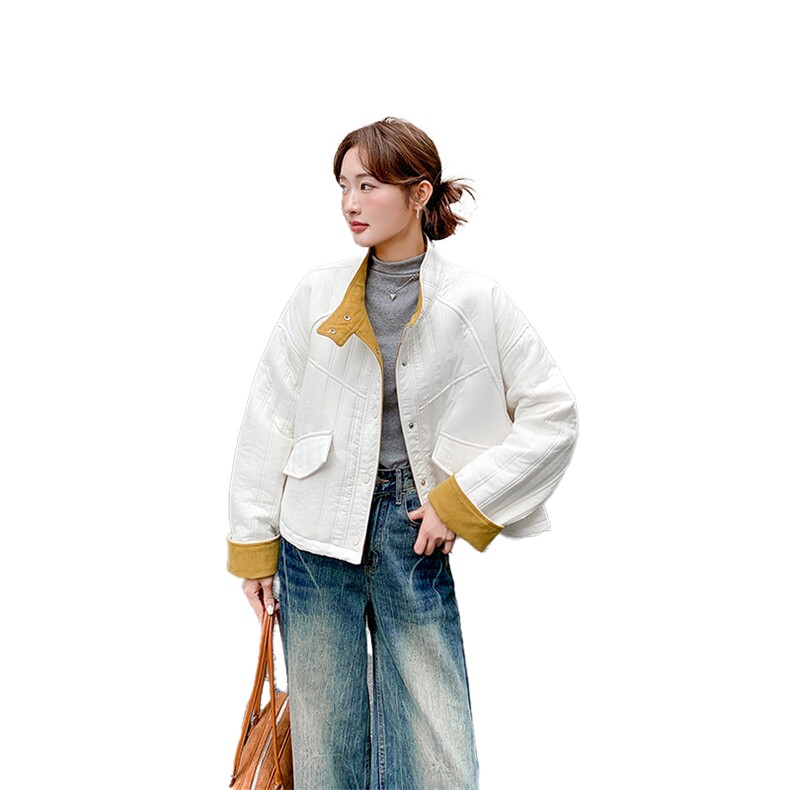 米白色撞色立领羽绒棉服女2025秋冬新款今年流行宽松小个子短外套,女装短外套,2C285