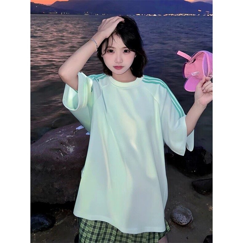 抖音得物品质二开240克宽松纯棉美式潮牌印花三条杠中性风短袖T恤,男装T恤,电商A486-1