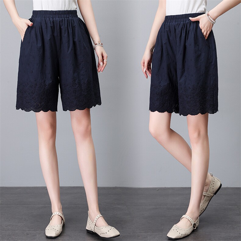 中年妈妈纯棉五分裤女2024夏季新款直筒打底提花刺绣复古休闲，女装大码女装，奕阳依阁