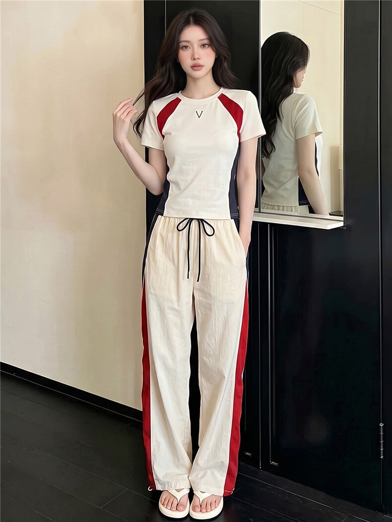 韩版时尚休闲套装女夏季新款高级感圆领撞色拼接上衣阔腿裤两件套,女装套装/套裙,江南