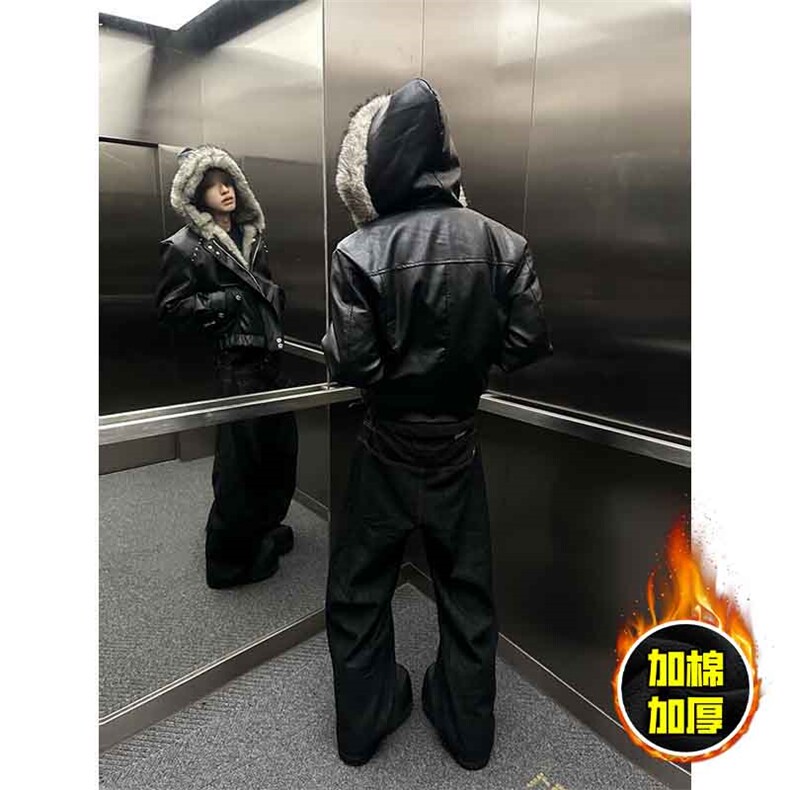 现货冬季美式潮牌痞帅PU皮机车服棉衣毛毛绒狼王座山雕皮棉服,男装棉衣,电商A486